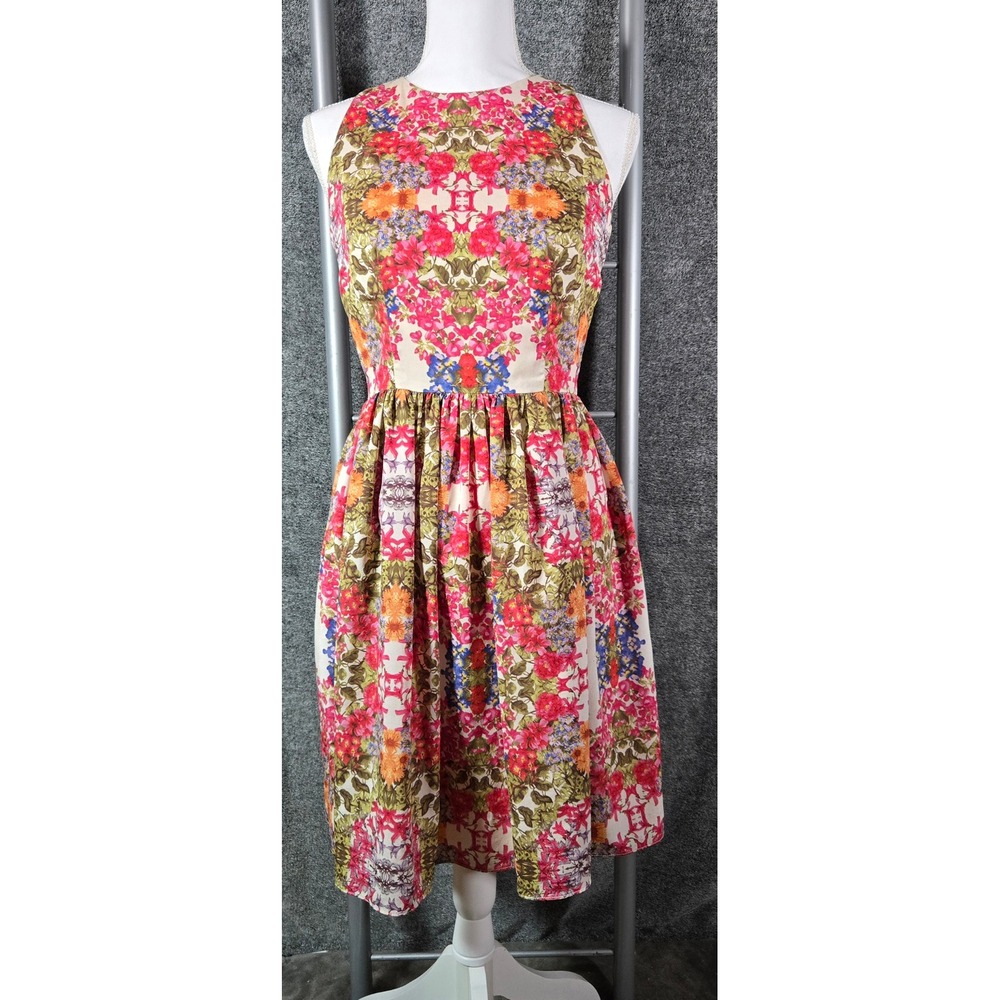 Maggy London Floral Fit and Flare Dress Pink Orange Sleeveless Size 4
